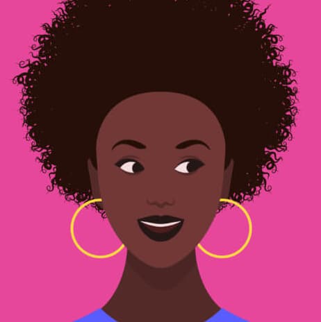 Cartoon of a smiling woman with curly hair and hoop earlings