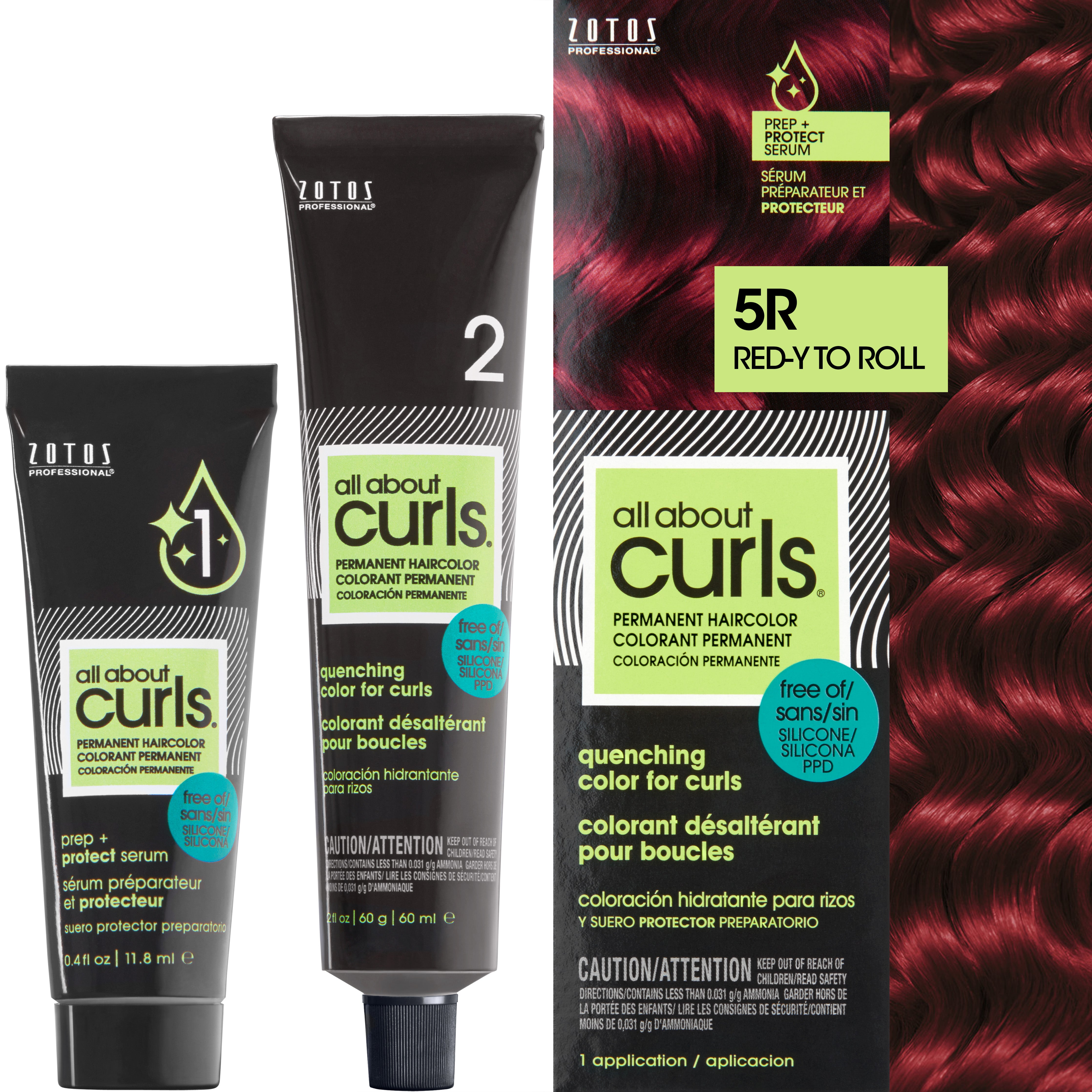 Two bottles and packaging for All About Curls Permanent Color in shade 5R Red-y To Roll.
