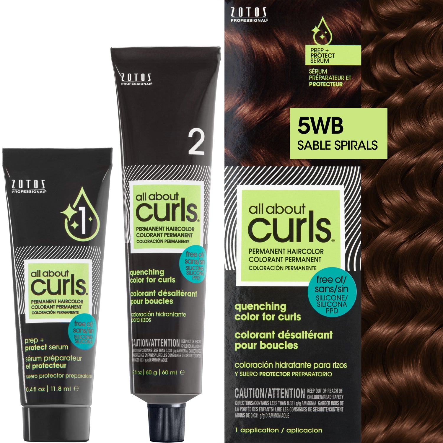 Two bottles and packaging for All About Curls Permanent Color in shade 5WB Sable Spirals.