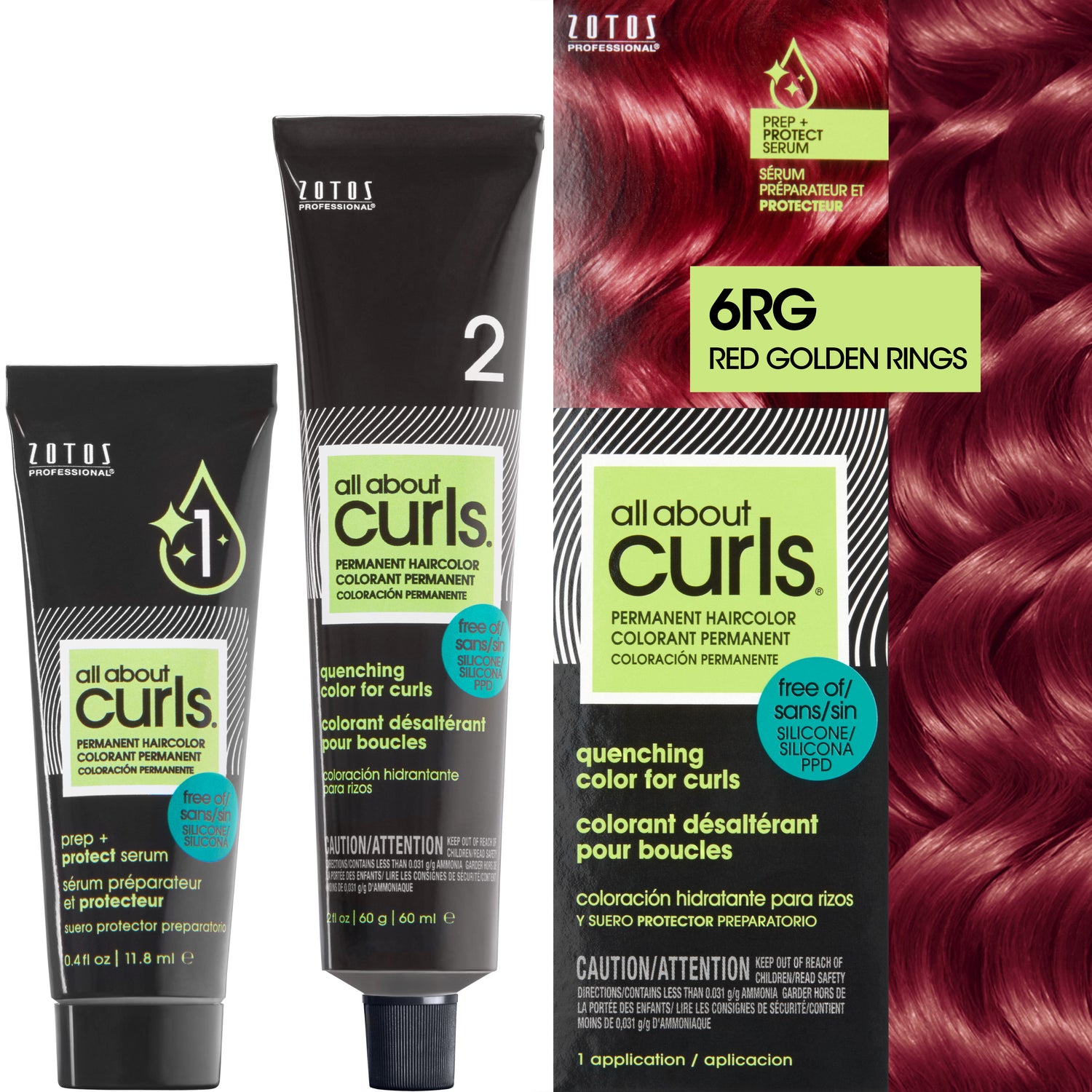 Two bottles and packaging for All About Curls Permanent Color in shade 6RG Red Golden Rings.