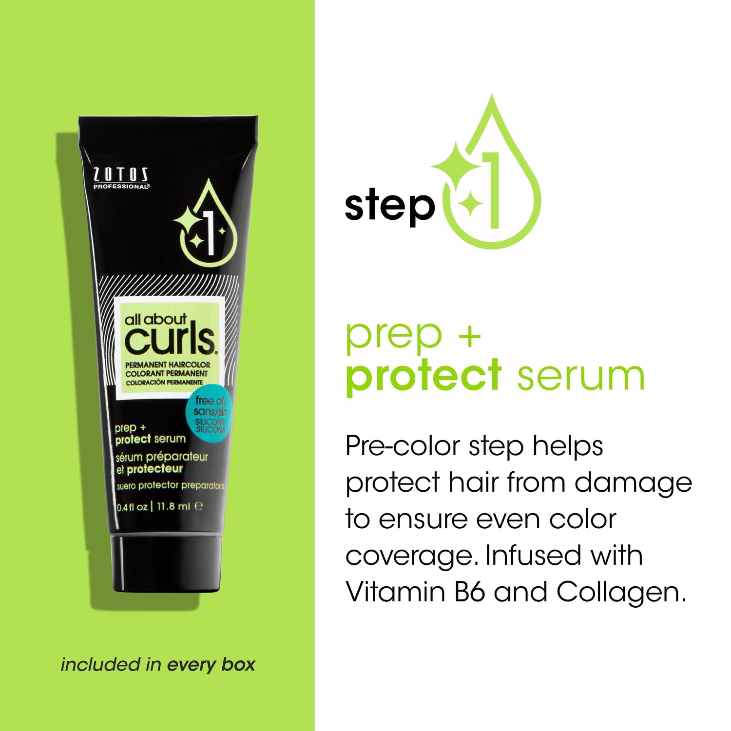 Step 1: Prep and protect serum (included in every box). Pre-color step helps protect hair from damage to ensure even color coverage. Infused with Vitamin B6 and Collagen. 